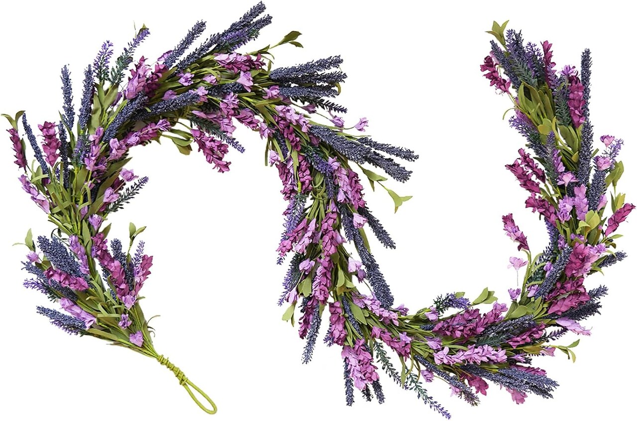 Purple Lavender Flower Garland for Mantle & Fireplace – 70 Inch Spring & Summer Floral Garland for Front Door, Wedding, Rustic Farmhouse Indoor & Outdoor Decor